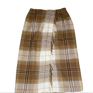 Vintage Cambridge Country Wool Blend Plaid Wrap Skirt With Fringe